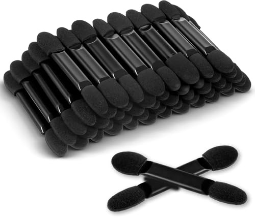 50 Pcs Disposable Dual Sides Sponge Eyeshadow Applicator, Professional Double Head Eyeshadow Brush Eye Shadow Applicator Sticks Makeup Brushes with Organizer, Cosmetic Tools for Women (Black)