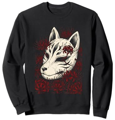 Kitsune Maschera Volpe Spirito Ragno Rosso Giglio Fiore Yokai Art Felpa