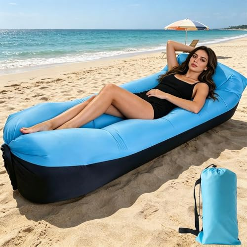 Canapé Gonflable 230 × 70 cm, Air Bag avec Sac De Transport Portable, Chaise Longue Gonflable Portable, Air Lounger, Chaise Longue De Plage Gonflable pour Camping, Voyages, Vacances, Piscines (Bleu)