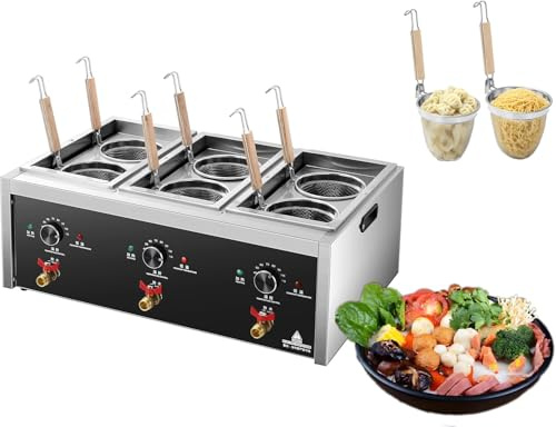 Cuocipapa Professionale con 3 Vasche E Valvola di Scarico - Macchina per La Cottura di Pasta A Temperatura Regolabile con 6 Scolapasta per Spaghetti E Ramen - Ideale per Ristoranti