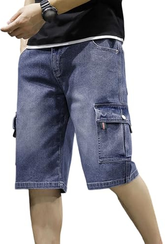 Herrbyxor i vintage-modell med knälånga elastiska jeansshorts med flera fickor, casual sommarjeans, cargoshorts, blå, extra stor
