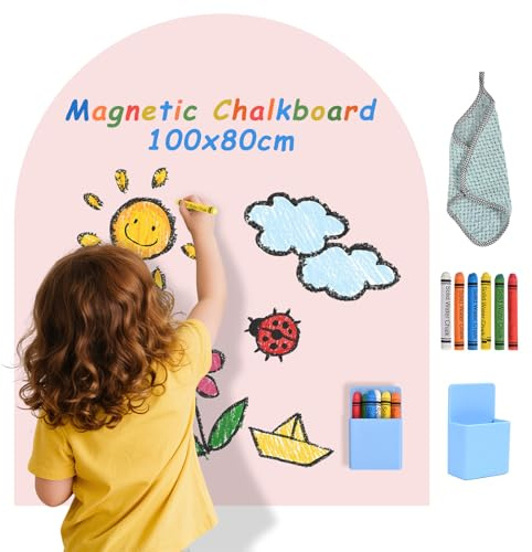 Magnettafel Kinderzimmer 100x80cm - Tafelfolie Selbstklebend Magnetisch, 3 in 1 Kreidetafel Wandaufkleber mit Kreide & Magnethalter, Magnetwand ohne Bohren (Rosa, Bogen-Design)