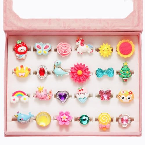 PinkSheep Little Girl Jewel Rings in Box, Adjustable, No Duplication, Girl Pretend Play and Dress Up Rings (24 Lovely Ring)