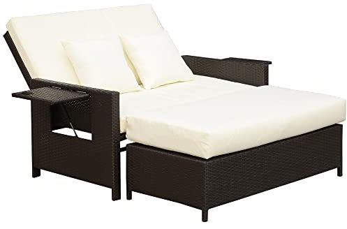 Outsunny Polyrattan Lounge-Sofa Zweisitzer-Gartensofa mit Liegefunktion, Gartenliege in Rattanoptik, ausfahrbare Fußbank mit Stauraum, mit Sitzkissen, Braun+Creme, 130 x 72 x 96 cm