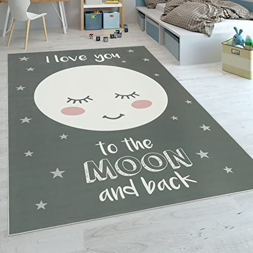 Paco Home Kinderteppich Kinderzimmer Mädchen Sterne Niedlicher Mond Spruch Grau, Grösse:160x230 cm