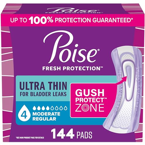 Poise Ultra Thin Incontinence Pads & Postpartum Pads for Bladder Leaks, 4 Drop Moderate Absorbency, Regular Length, 144 Count, Packaging May Vary