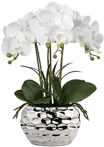 Briful Orchids Artificial Flowers 18 White Phalaenopsis Large Orchid with Silver Ceramic Pots Silk Faux Orchid Arrangement for Home Office Bathroom Living Room Table Decoration