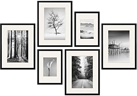 PHOTOLINI schwarze Bilderrahmen Set verschiedene Größen, 6 MDF Holz Bilderrahmen mit Passepartout, Bilder Rahmen mit Acrylglas, No.4 Bilderrahmenset zum Aufhängen, Fotowand Fotorahmen Set & Zubehör