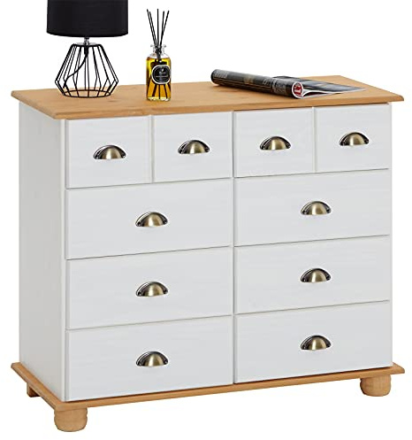 IDIMEX Schubladenschrank Colmar mit 8 Schubladen, praktischer Apothekerschrank in weiß/braun, Elegantes Sideboard mit Muschelgriffe