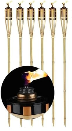 Garden Haven® Bamboo Garden Fuel-Lit Torches Traditional Tiki Paraffin Oil Fire Lantern - 114cm - Natural - Pack of 6 Summer Citronella Pathway lights Dancing Flames adding Ambience to Parties