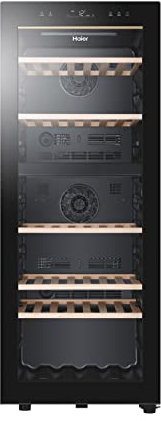 Haier Wine Bank 50 Serie 5 Cantinetta Vino Doppia Temperatura, 79 Bottiglie, Vetro Anti-UV, LED 3D, Controllo tramite App, Libera Installazione, Classe G, 49,5 x 58 x 127 cm, Nera - HWS79GDG