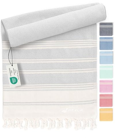 Fit-Flip Hamamtuch aus 100% Baumwolle – saugfähig und schnelltrocknend – türkisches Saunatuch, Strandtuch, Duschtuch, Badetuch, Yogatuch – Light Grey – 100x200cm Diamond