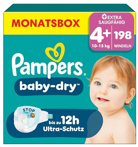 Pampers Baby-Dry, Taille 4+, 198 Couches, 10-15kg, Extra Absorption, Une nuit jusqu'à 100% sans fuites avec la Poche Stop & Protect à l’arrière de la couche, Pack 1 Mois