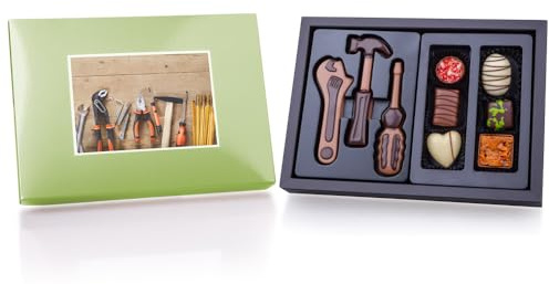 ChocoPostcard Midi - Werkzeuge und Pralinen - Set aus drei flachen Schokoladenfiguren, 6 Pralinen und Grußkarte | Geschenkidee | Schokolade | Mann | Männer | Vater | Väter | Vatertag | Geburtstag