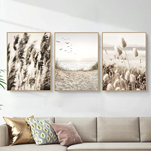 EXQUILEG 3er Set Wandbilder Boho Beige Natur Pampasgras moderne Bilder Wanddeko Vintage Deko Bilder für Wohnzimmer Schlafzimmer ohne Rahmen Set