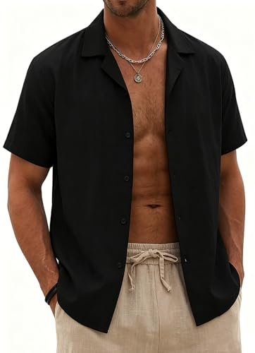 Halfword herr linne skjortor kortärmad sommar vardag strand skjortor knapp ner lös passform hawaiiansk semester bröllop ostduk toppar, Svart, M