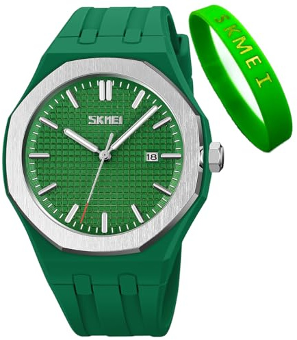 SKMEI Reloj de pulsera para hombre, de silicona, fácil de leer, impermeable, deportivo, casual, analógico, de cuarzo, luminoso, regalo para padres, color negro, G9299green, Moda