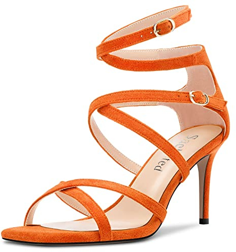 Saekcted Donna Medio Tacco Heel Aperte sulla Punta Sandali Cinturino alla Caviglia Cinturino Incrociato Feste Dress 8 CM Heels Arancione 44 EU