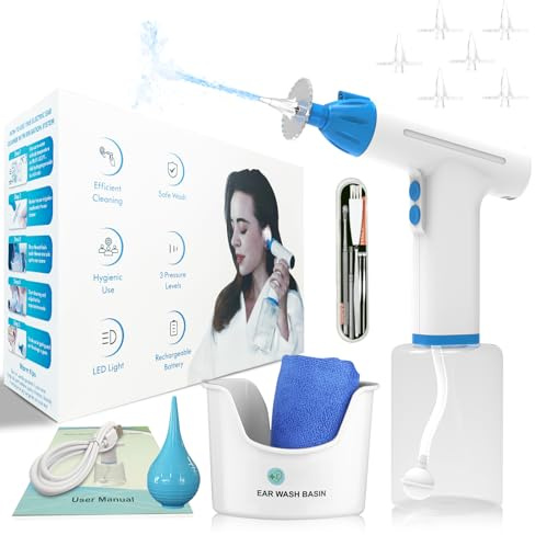 Pirzlqie Ear Wax Removal Kit, Electric Ear Cleaner with Ear Irrigation System, Safe and Effective Ear Wax Removal Tool with LED Light & 3 Water Pressure Modes, Ear Flush Kit for Adults