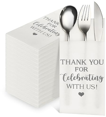 Fuutreo 100 Pcs Wedding Linen Feel Napkins Pocket Disposable Flatware Airlaid Paper Absorbent Dinner Napkins for Wedding Shower Engagement Party Decorations(Silver)