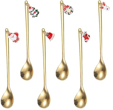 6 Piezas Juego de Vajilla Navideña, Cuchara de Acero Inoxidable, Cuchara Navideña con Colgante Navideño, árbol de Navidad, Campanas para Sopa de té, Caja de Regalo (Oro)