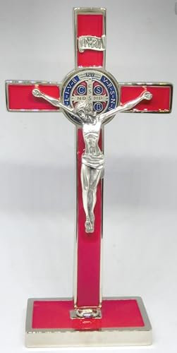 10.268.11 BMRO crocefisso crocifisso croce di san benedetto rosso argento smaltato a mano su base in metallo smaltata con scatola e preghiera 20 cm