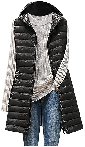 Gilet Donna Invernale Elegante Lungo Senza Maniche Piumino Smanicato Cotone Caldo Trapuntato con Cappuccio Giacca