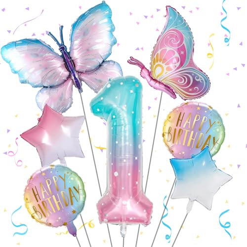 Schmetterlinge Deko 1. Geburtstag Mädchen - Folienballon, Luftballon, Zahlen - Geburtstagsdeko Schmetterling Themen Party