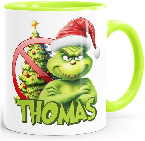 MoonWorks® Kaffee-Tasse Weihnachtsnörgler Weihnachtstasse Mann Frau Paar mit Namen personalisierbar Geschenk lustig Weihnachtsmuffel Weiss-innen-hellgruen standard