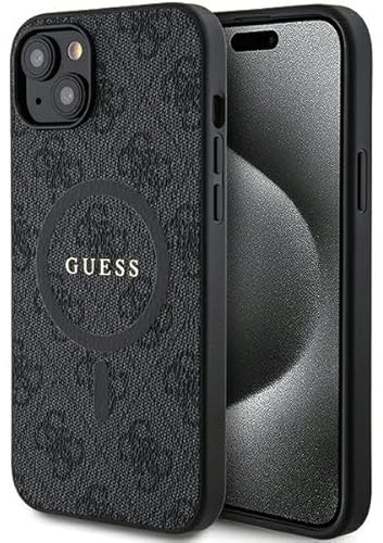 Guess GUHMP15SG4GFRK Hülle für iPhone 15/14 / 13 6.1 Schwarz hardcase 4G Collection Leather Metal Logo