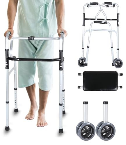 Fiqops Gehhilfe für Senioren, Gehhilfe mit Rädern Klappbar, Gehhilfe Erwachsene Leicht Stabil, Wasserdicht und Rutschfest，Höhenverstellbar
