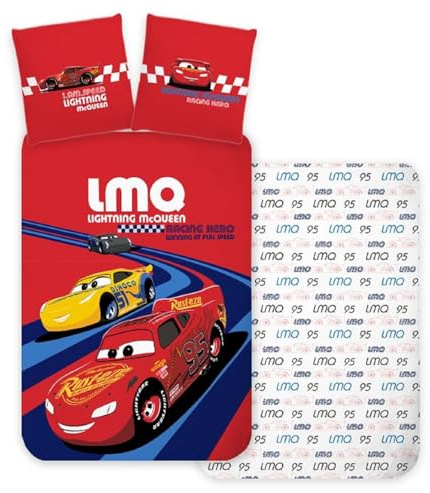 Cars Lightning McQueen Rot Babybettwäsche 100x135 + Kissenbezug | Wendbare Baby-Bettwäsche | Naturbaumwolle weich atmungsaktiv | Disney Pixar | Jungen 0-3 | Kinderbett | Maschinenwaschbar