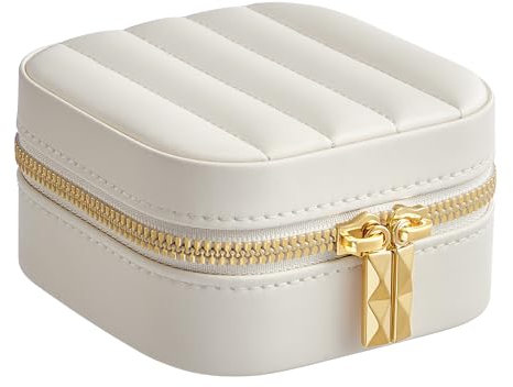 SONGMICS HOME ANAH Kollektion - Schmuckkästchen Reise, Schmuckbox klein, Schmuckaufbewahrung mit Spiegel, 10,5 x 10,5 x 6 cm, PU mit Nähten, Reißverschluss, Geschenkidee, wolkenweiß JBC179W01