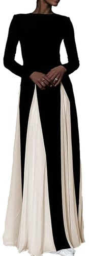 Kwunbwa Wedding Guest Dresses for Women Elegant Long Sleeve Patchwork Pleated Swing Long Dress Formal Maxi Dress Black
