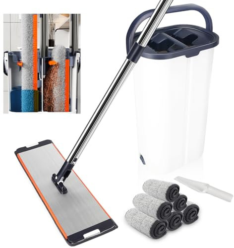 Set mop con secchio, set con 6 panni in microfibra e dotato di manico allungato e ispessito da 164 cm, separa lo sporco dall'acqua dolce, mop con funzione strizzante per tutti i pavimenti,(40*12 cm)