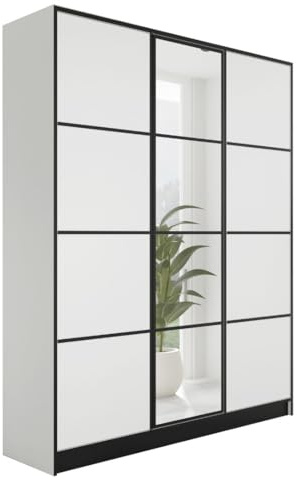 KIER FURNITURE Kleiderschrank mit Spiegel - Schrank Schlafzimmer - Garderobenschrank Flur Diele - Ausziehbare Kleiderstange - Eden v2 - BxHxT 156,4x205x39cm - 3 Türen - Weiß