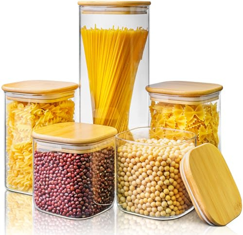 Square Glass Storage Containers with Bamboo Lids for Pasta & Flour, 5 Pack