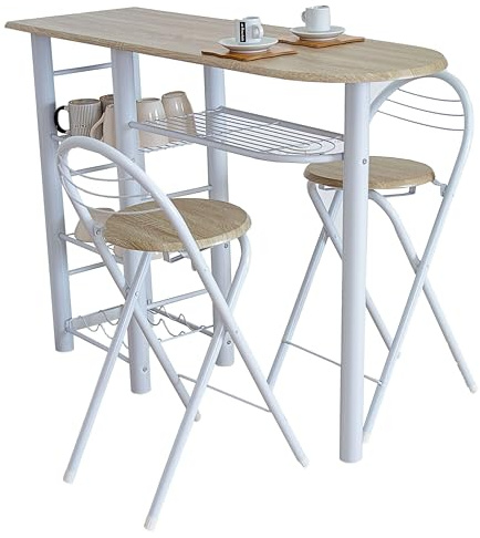 Miroytengo Tavolo alto da cucina Office stile nordico in bianco e legno chiaro con 2 sgabelli pieghevoli 40 x 88 x 120 cm