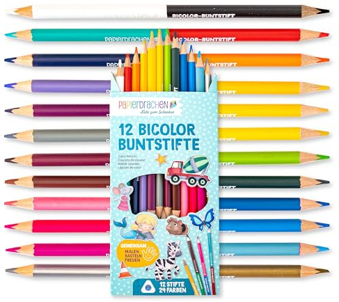 Papierdrachen 12 Bicolor Buntstifte – 24 satte Farben – Set - Holz – dreieckig – bruchsicher – Schule - Kindergarten – Malen – Kinder