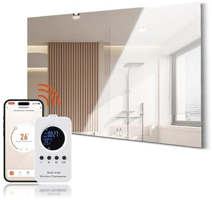 JZ-WF-600W Hocosyme Specchio Riscaldato a Infrarossi 600W con Telecomando，Pannello Radiante Infrarossi Specchio Bagno 100x60 CM con Protezione Surriscaldamento - WIFI (Tuya Smart)