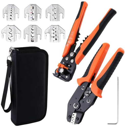 LEONTOOL Kit de 9 herramientas de crimpado de trinquete – Mandíbula de cambio rápido AWG23-10 crimpadora de alambre de trinquete con pelacables automático AWG24-10 para encogimiento de calor, terminal