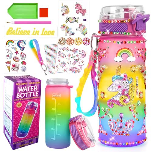 PUWOWYE Enhörningspresent till flicka 5-10 år, hantverk kit drickflaska för barn, vattenflaska hantverk diamantmålning barn födelsedag leksaker för flickor 4-12 år