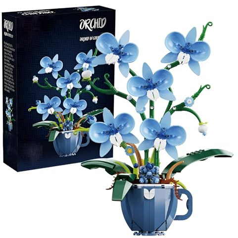 Blue Orchid Flower Building Set,Coffee Cup Artificial Flower Plant Toy Gift | Botanical Collection Model for Home Décor, Great Gift for Birthday and Anniversary for Her and Him(3004)