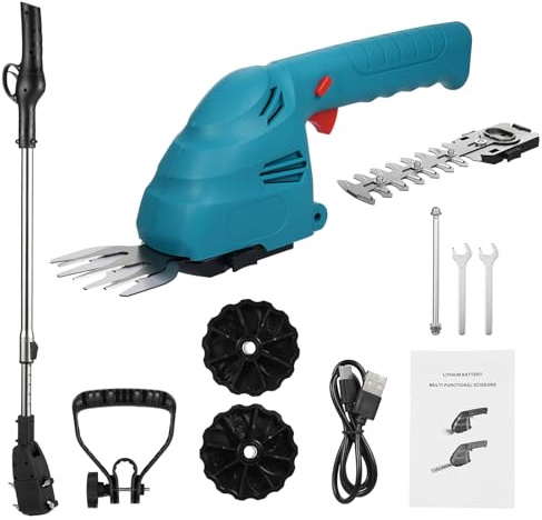 Tagliasiepi Senza Fili, Tagliasiepi 1350 Giri/min Tagliaerba Elettrico Portatile con Batteria da 2,0 Ah, Cesoia per Erba per Giardino Prato (Con asta di prolunga)