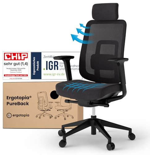 Ergotopia PureBack ergonomischer Bürostuhl – Schreibtischstuhl ergonomisch mit Kopfstütze, 4D-Armlehnen & Synchronmechanik – Für Home Office, Büro & Gaming – Bequemer Drehstuhl für gesundes Sitzen