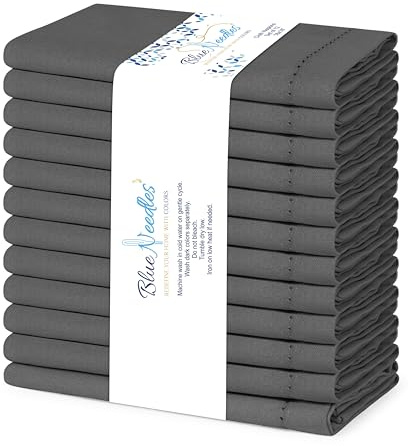 Blue Needles Set of 12 Hemstitch Linen Napkins 100% Cotton Grey Cloth Dinner Napkins 18x18 inches, Soft, Reusable, Absorbent, Washable, Ideal for Spring Summer Easter Events, Parties & Everyday Use