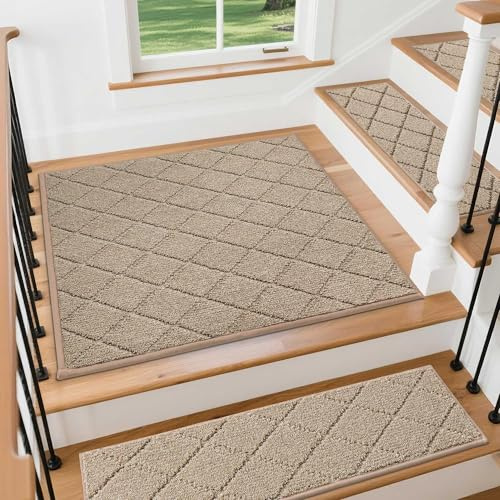 COSY HOMEER 1 Stück Treppenstufenmatte eckig 76 x 76 cm, Beige | Stufenmatten Selbstklebend, Rutschfest ohne Kleben, 100% Polyester, TPE-Rücken, waschbar, für Kinder, Senioren und Haustiere