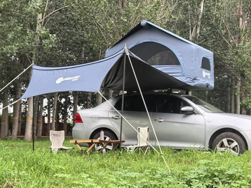 Sport Tent Aufblasbar Dachzelt 2-3 Personen Autodachzelt Luftzelt für Jeep SUV Van Minivans PKW Wetterfest Campingzelt Roadtrip mit Markise Autoreisezelt inkl. Leiter Blau mit 90° Markise