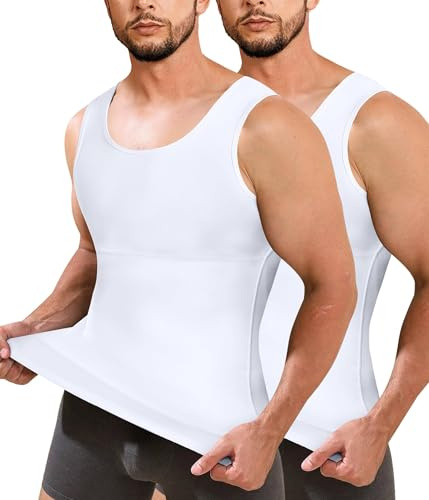 Junlan Men Compression Shirt Vest 2 Pack Slimming Body Shaper Tummy Control Shapewear Tank Tops Seamless Undershirts (White/White,M)