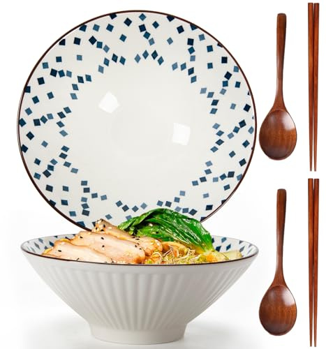 TuYines Lot De 2 Bols à Ramen en CéRamique De 1000 Ml, Bols Japonais En CéRamique Avec CuillèRe et Baguettes, Saladier